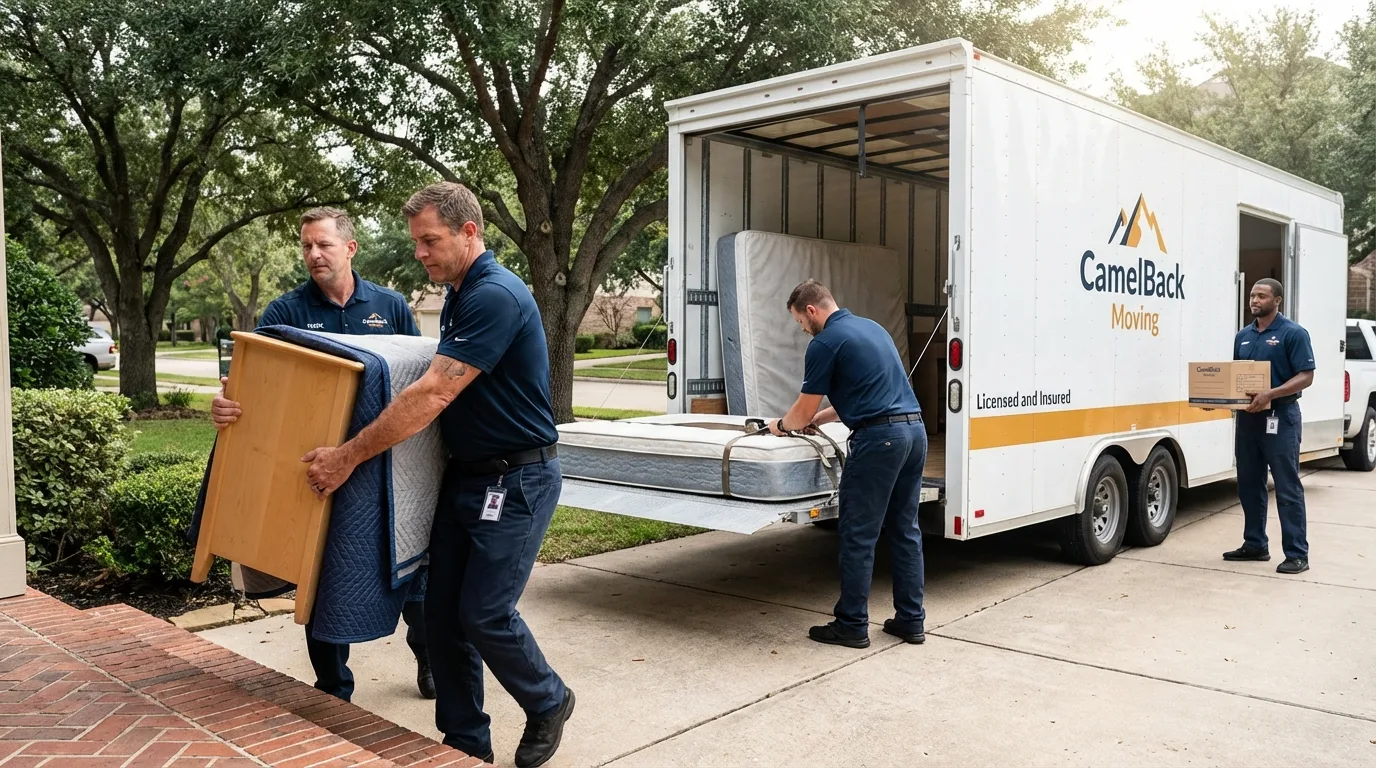 Crew loading residential truck for cross-state move from Stanley, WI
