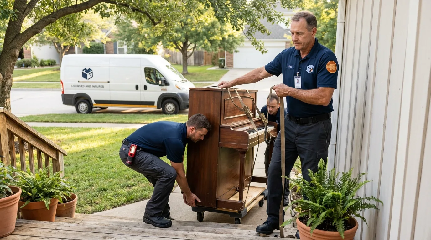 Licensed piano movers securing grand piano in Stanley, WI