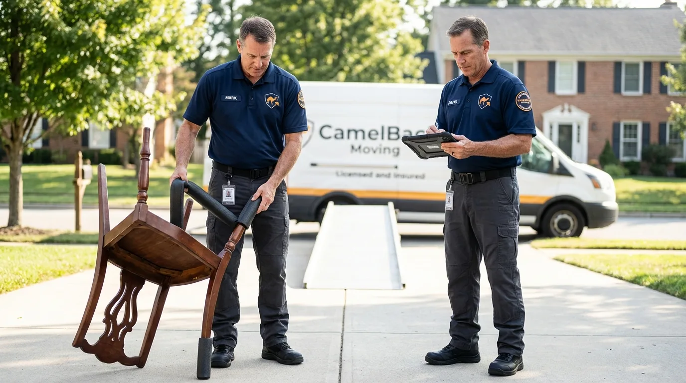 Movers inspecting furniture for damage prevention before loading in Stanley, WI