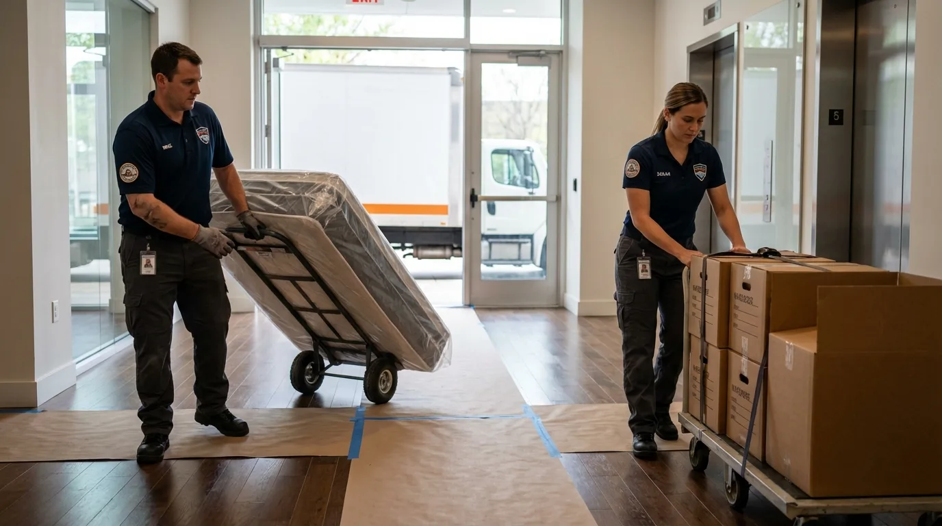 Professional apartment movers loading elevator in Stanley, WI