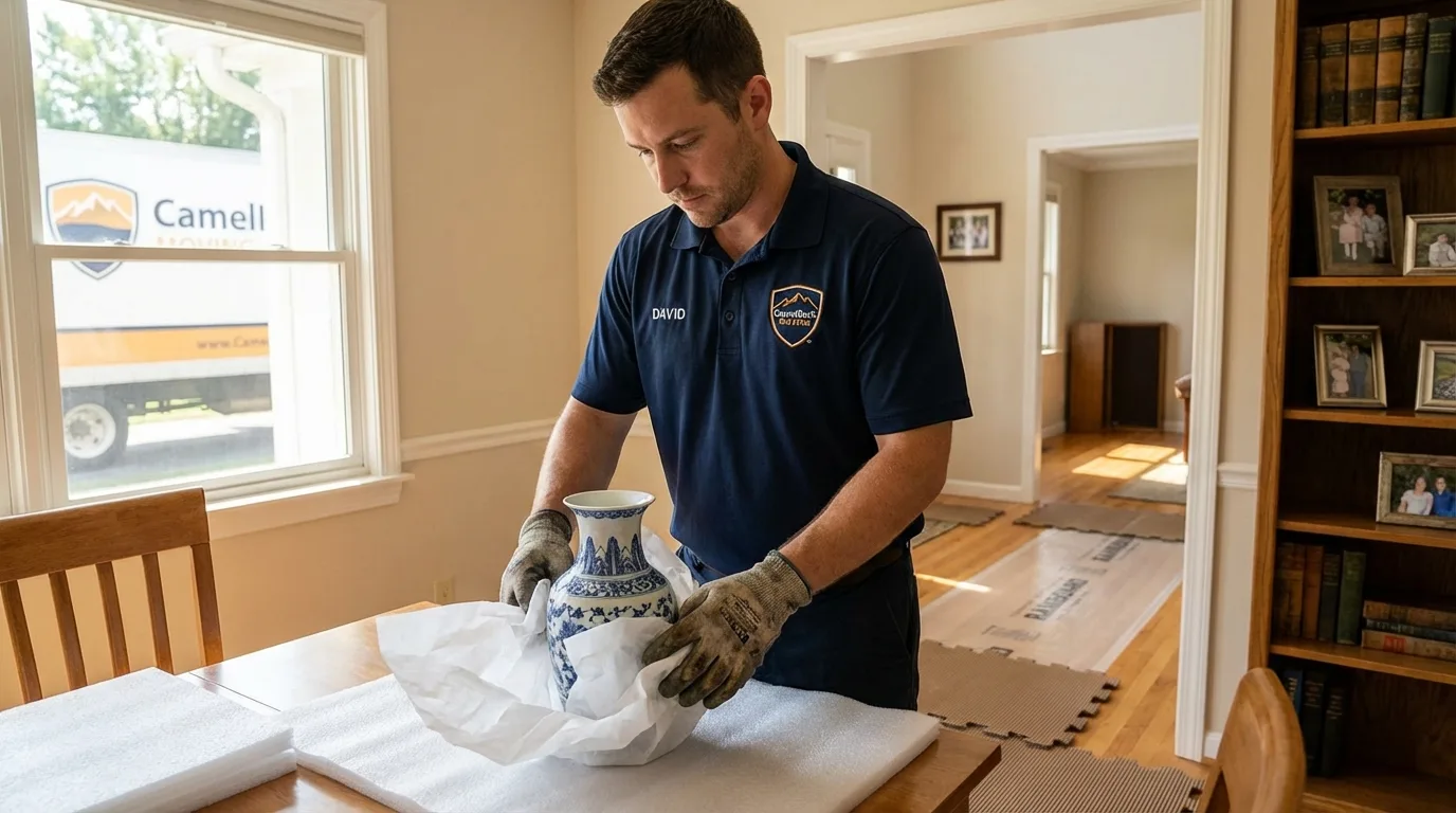 Professional crew carefully wrapping antique vase for senior downsizing move in Stanley, WI