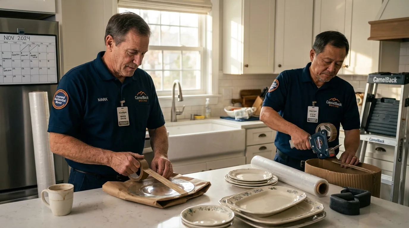 Professional crew packing kitchen dishware in Stanley, WI